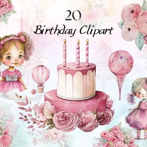 Watercolor Birthday Clipart, Party Cake Cupcake Candles,Party Watercolor, Balloons Clipart, Gift Clipart, Cute Pink Birthday Clipart Bundle