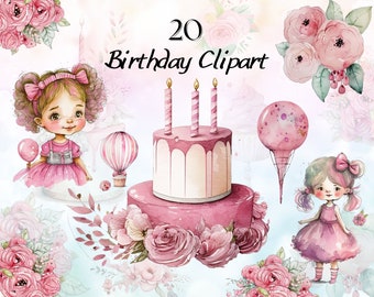 Watercolor Birthday Clipart, Party Cake Cupcake Candles,Party Watercolor, Balloons Clipart, Gift Clipart, Cute Pink Birthday Clipart Bundle