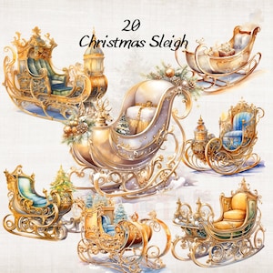 Watercolor Christmas Sleigh Clipart, Christmas Clipart, Gold Santa Sleigh Clipart, Watercolor Holiday Clipart, Santa Png, Winter Clipart