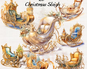 Watercolor Christmas Sleigh Clipart, Christmas Clipart, Gold Santa Sleigh Clipart, Watercolor Holiday Clipart, Santa Png, Winter Clipart