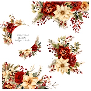 Watercolor Red Gold Flowers Boutique Clipart, Christmas Flowers Floral Clipart, Christmas Floral Arrangements,Christmas Floral Elements, DIY