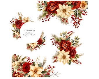 Watercolor Red Gold Flowers Boutique Clipart, Christmas Flowers Floral Clipart, Christmas Floral Arrangements,Christmas Floral Elements, DIY