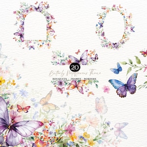 Clipart de flores silvestres en acuarela Clipart de flores silvestres Borde floral PNG Flores de primavera PNG Flores de verano Flores silvestres Clipart de mariposas