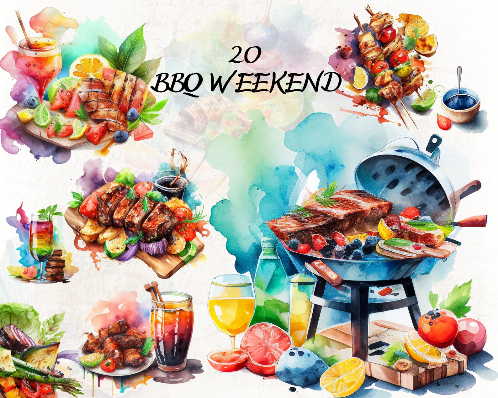 Watercolor Barbecue Clip Art , BBQ Party Set , Watercolor Colorful ...