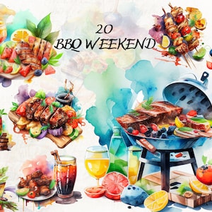 Imágenes prediseñadas de barbacoa de acuarela, conjunto de fiesta de barbacoa, paquete de comida de barbacoa colorida de acuarela, imágenes prediseñadas de barbacoa, imágenes prediseñadas de parrilla