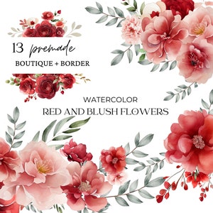 Aquarell Rot und Blush Blumen Clipart, rote Blumen Clipart, rote Blumen Blumensträuße Clipart, Blumenhochzeit vorgefertigte Rahmen, Boutique, Border