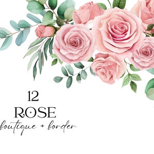 Aquarell Rosen Clipart, hellrosa Blumen Clipart, Eukalyptus Clipart, vorgefertigte Rose Blumen Clipart, Eukalyptus Ecke Border Greenery Set