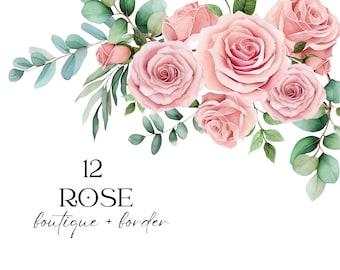 Watercolor Roses Clipart, Light Pink Flower Clipart, Eucalyptus Clipart, Premade Rose Floral Clipart, Eucalyptus Corner Border Greenery Set