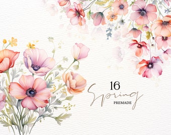 Watercolor Spring Flowers Clipart, Spring Clipart, Blush Floral Wildflower Clipart, Premade Borders, Wedding Clipart, Borders Clipart Floral