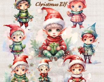 Watercolor Cute Christmas Elves Clipart, Watercolor Christmas Elf Santa Gingerbread, Holiday Clipart, Christmas Elves Watercolor Clipart