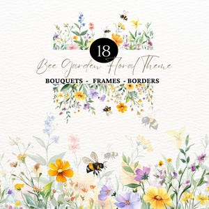 Clipart floral aquarelle jardin d'abeilles Clipart abeilles domestiques PNG bourdon Abeille rayonne d'abeilles Invitation florale d'été PNG jardin de printemps