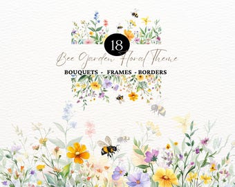 Acuarela Abeja Jardín Floral Clipart Abeja de miel Clipart Abeja de miel PNG Abejorro Panal de miel Abeja Verano Floral Invitación Primavera Jardín PNG