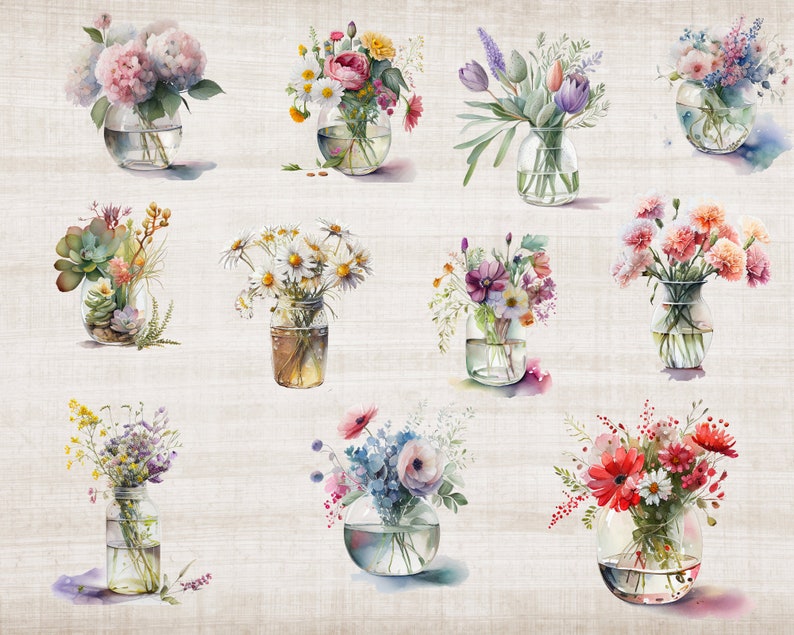 20 Vase of Flowers Watercolor Clipart Bundle, Roses Clipart, Watercolor ...
