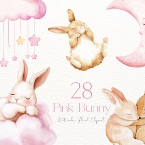 Aquarell rosa Boho-Häschen Clipart Baby-Dusche-Kaninchen Süße Häschen-Ballerina schlafende Häschen Baby-Mädchen-Kaninchen-Handgemalte Häschen-Kinderzimmer PNG