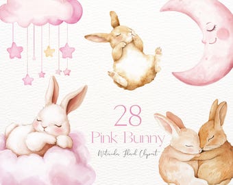 Aquarell rosa Boho-Häschen Clipart Baby-Dusche-Kaninchen Süße Häschen-Ballerina schlafende Häschen Baby-Mädchen-Kaninchen-Handgemalte Häschen-Kinderzimmer PNG