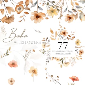 Clipart de flores silvestres Boho em aquarela, bordas florais, conjunto de clipart floral selvagem, clipart de flores secas em aquarela, arte de flores silvestres pré-fabricadas