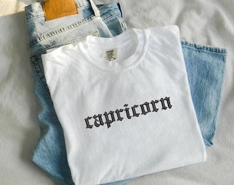 Embroidered Old English Zodiac Sign Shirt | Capricorn | Comfort Colors