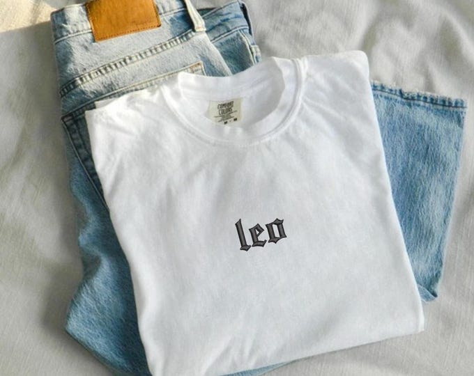 Embroidered Old English Zodiac Sign Shirt | Leo | Comfort Colors
