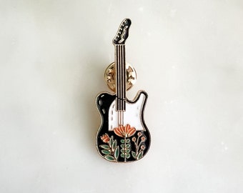 Black and Gold Guitar with Flowers Enamel Pin