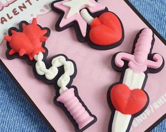 BFF Gift for Her Pins Jewelry | Cute Kawaii Pastel Goth Alt Punk Pink Red Black | Heart Fantasy Weapons Sword | Valentine Day Galentine