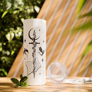 Dragon Sword Book Skinny Tumbler with Straw Inspired by Fourth Wing, 20oz Dragon Tumbler Fantasy Book Lover Gift Idea Book Lover Gift Idea