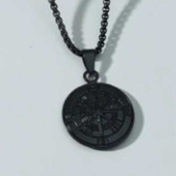 Mens Black Compass pendant necklace