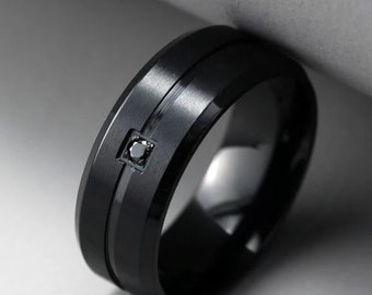 Mens tungsten black ring with single diamond