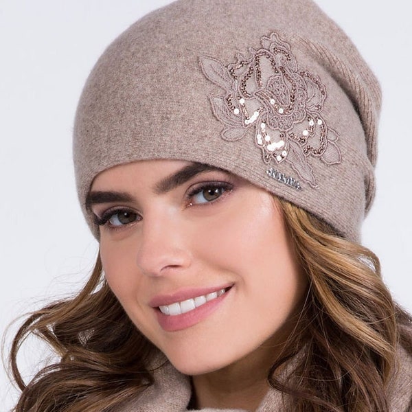 Bonnet chaud en laine pour femme Kamea beige gris clair gris foncé noir, bonnet d'hiver, cadeau pour elle