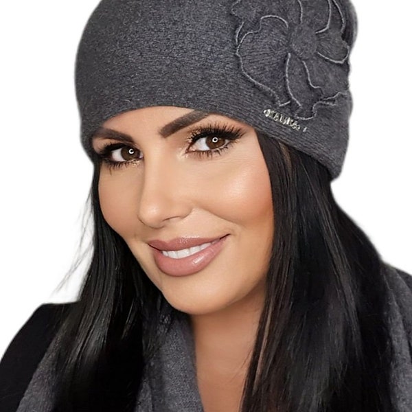 Bonnet chaud en laine pour femme Kamea gris foncé noir, bonnet d'hiver, cadeau pour elle
