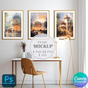 May include: A mockup of three framed paintings hanging on a white wall above a gold desk with a brown chair. The paintings are of cityscapes with buildings and trees. The text "FRAME MOCKUP" is in the center of the image, with the text "1 PSD 12 PNG 7 JPG" below it. The text "Easy to use, even for beginners" is at the bottom of the image. The text "Ps SMART OBJECTS" is in the bottom left corner of the image. The text "Canva template" is in the bottom right corner of the image.