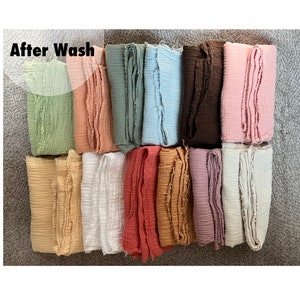 May include: A collection of 12 fabric swatches in various colors, including green, peach, blue, brown, pink, beige, white, red, orange, purple, and cream. The fabric is a soft, gauzy material with a crinkled texture. The text "After Wash" is visible in the top left corner of the image.