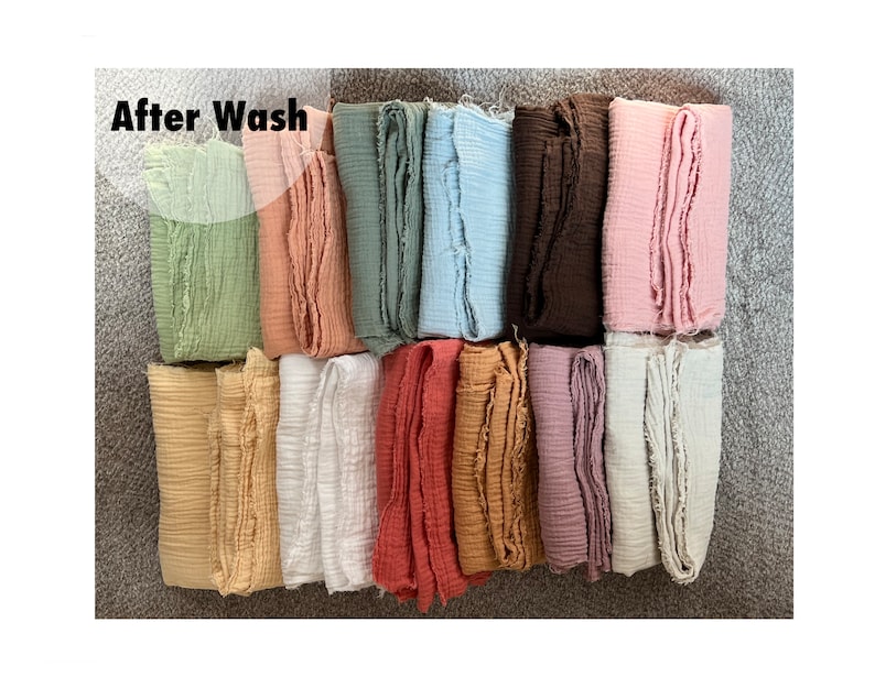 May include: A collection of 12 fabric swatches in various colors, including green, peach, blue, brown, pink, beige, white, red, orange, purple, and cream. The fabric is a soft, gauzy material with a crinkled texture. The text "After Wash" is visible in the top left corner of the image.