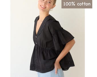 Summer women blouse, Black cotton blouse, Embroidered collar/bottom opening, Short sleeves, Relaxed fit, Shirring detailed bust/waist