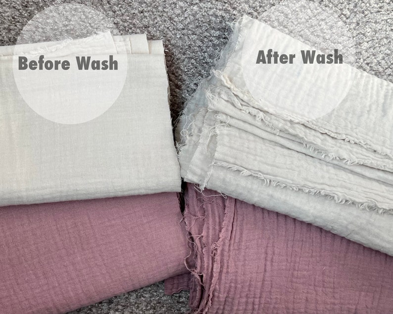 May include: Two pieces of fabric, one white and one pink, are shown before and after washing. The white fabric is folded and the pink fabric is unfolded. The text "Before Wash" and "After Wash" is written on the image.