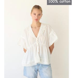 Embroidered White Cotton Blouse: Shirred Bust, Short Sleeve Summer Top