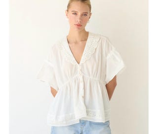 Summer women blouse, White cotton blouse, Embroidered collar/bottom opening, Short sleeves, Relaxed fit, Shirring detailed bust/waist