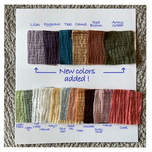 May include: Swatch card showing fabric samples in various colors, including lilac, eggplant, teal, camel, red brown, army green, green foam, off white, moryc, blue de spa, peach, chocolate toast, dusty pink, mauve, and coral.