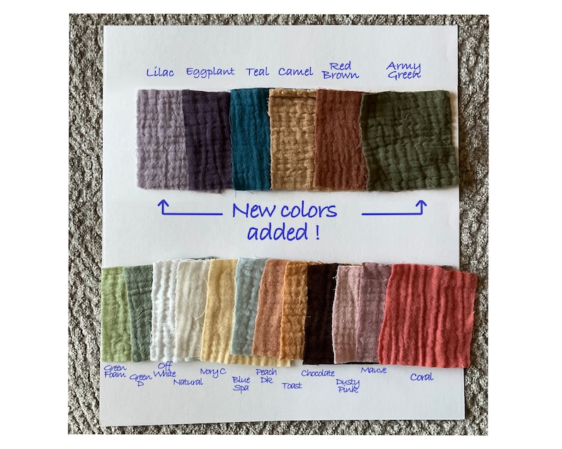 May include: Swatch card showing fabric samples in various colors, including lilac, eggplant, teal, camel, red brown, army green, green foam, off white, moryc, blue de spa, peach, chocolate toast, dusty pink, mauve, and coral.