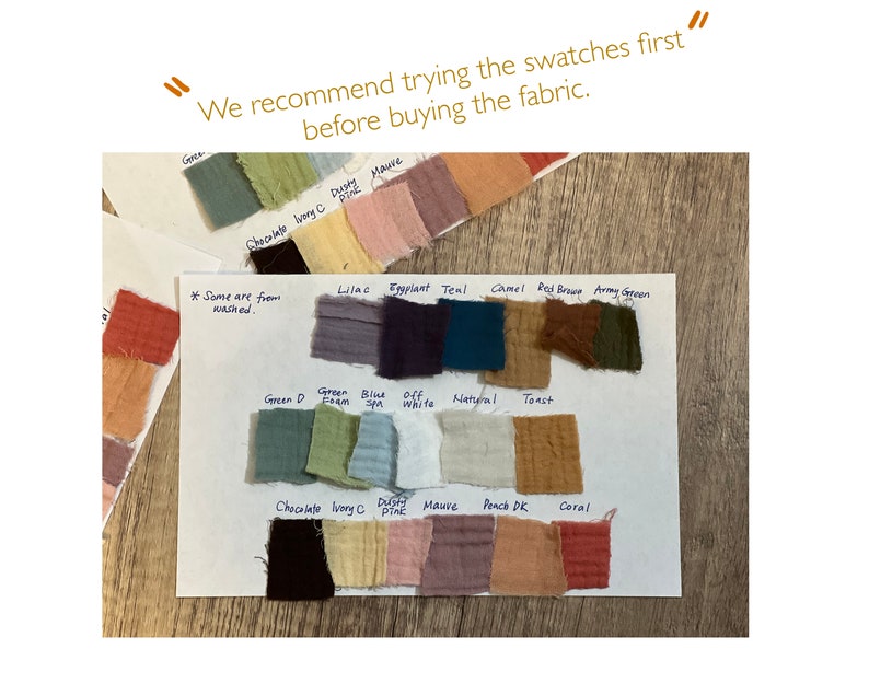 May include: A white card with fabric swatches in various colors, including green, blue, brown, red, and pink. The card has text that reads "We recommend trying the swatches first before buying the fabric." and "*Some are from washed."