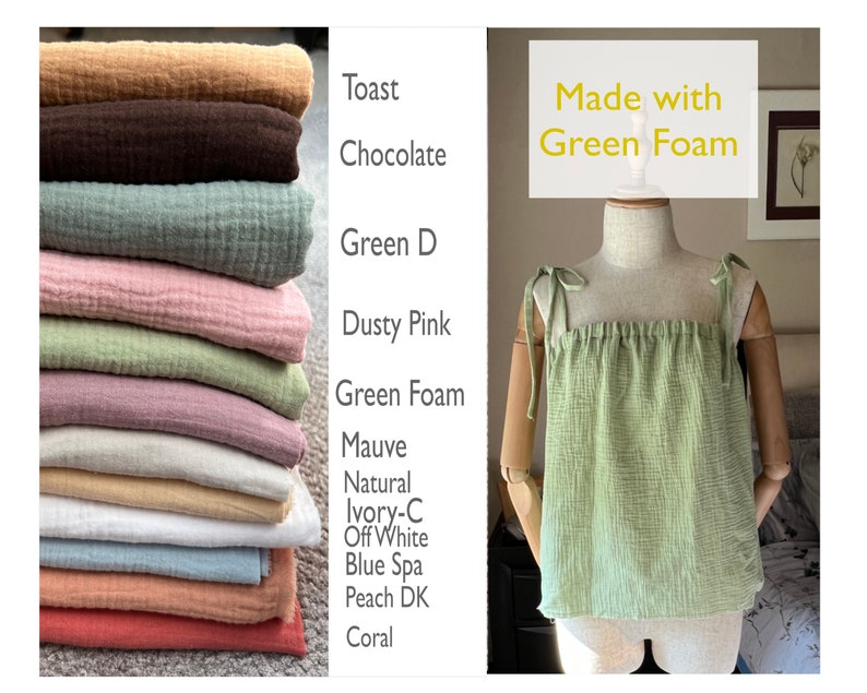 May include: A stack of 12 different colored fabric swatches, including toast, chocolate, green, dusty pink, green foam, mauve, natural, ivory, off white, blue spa, peach, and coral. The fabric is a soft, textured gauze. The text "Made with Green Foam" is written in yellow on a green background.
