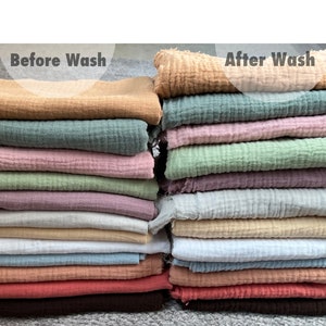 May include: A stack of fabric swatches in various colors, including beige, green, pink, purple, gray, white, blue, and brown. The swatches are labeled "Before Wash" and "After Wash" to show the effect of washing on the fabric.