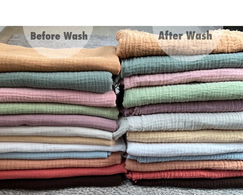 May include: A stack of fabric swatches in various colors, including beige, green, pink, purple, gray, white, blue, and brown. The swatches are labeled "Before Wash" and "After Wash" to show the effect of washing on the fabric.
