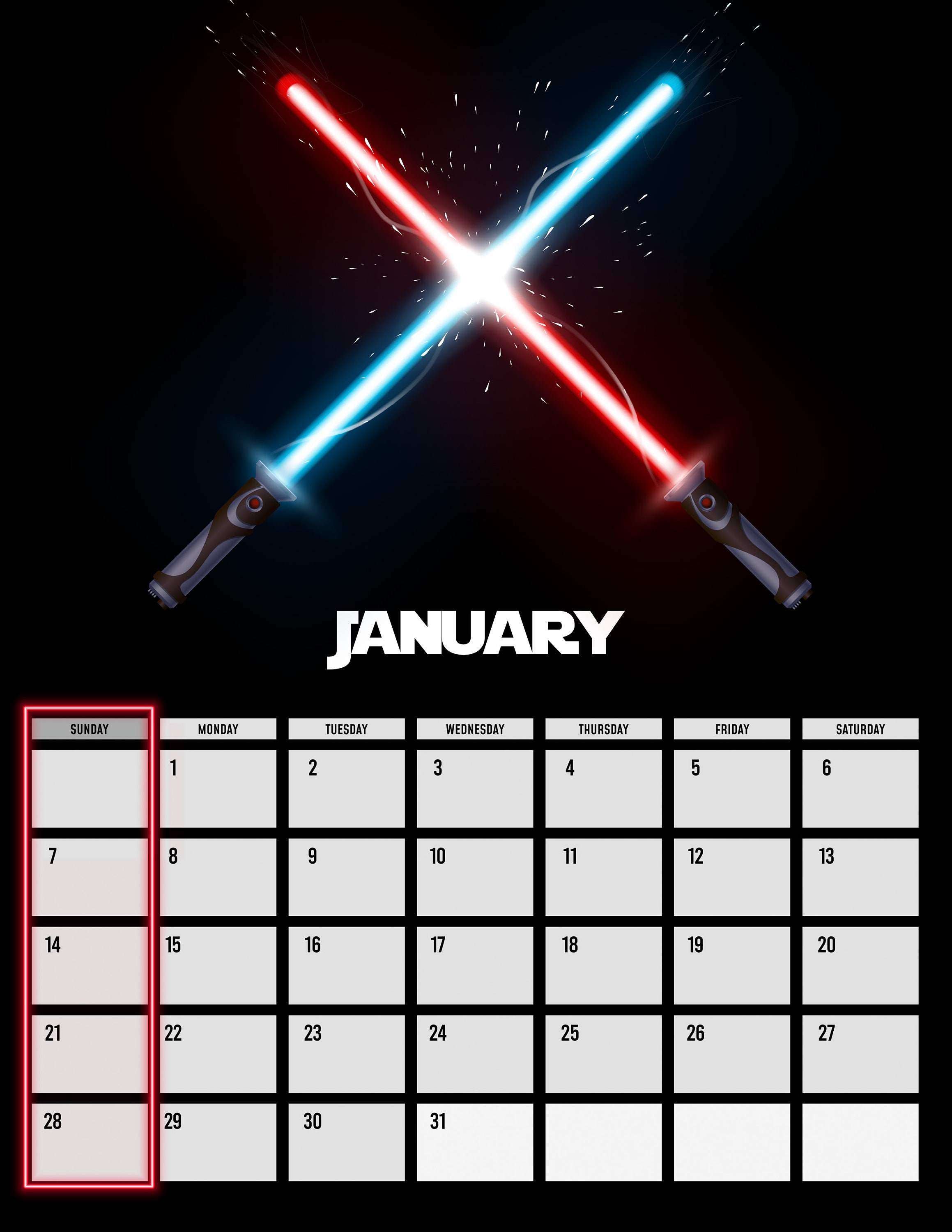 Star Wars 2025 Calendar Minimalist Design. Jedi Luke Skywalker, Obiwan