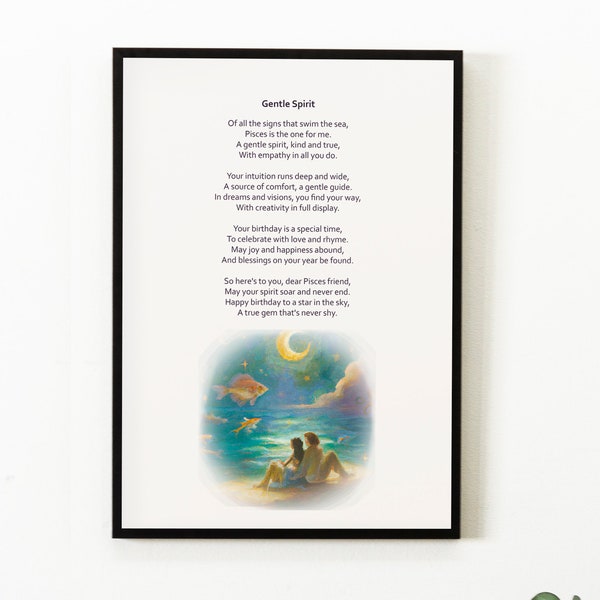 Gentle Spirit Pisces Poem & Digital Art work Gift to a lover Letter A4 Size