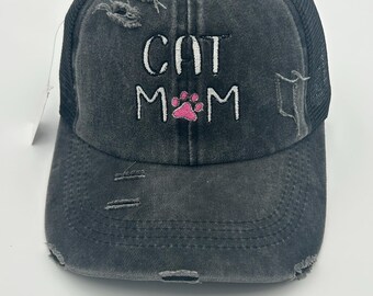 Cat Mom Distressed Trucker Hat - Ponytail Baseball Cap