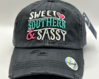 Sweet Southern & Sassy Distressed Hat, Ponytail Hat, Baseball Cap, Women's Hat, Sassy Hat, Cute Gift