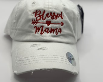Blessed Mama Hat, Faded Distressed Pony Tail Cap, Mom Gift, Baseball Cap, Vintage Style, Trendy Mom Hat