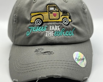 Jesus Take The Wheel  ponytail Distressed Cap - Christian Ball Cap - Jesus Hat - Ponytail Hat - Gift for Christian