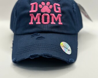 Dog Mom hat, Ponytail hat, Dog, Mom, Cap, Baseball Hat, Mom gif, Distressed Baseball cap blue