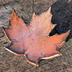 May include: A copper-colored, leaf-shaped dish with a textured surface. The dish has a dark brown edge and sits on a wooden surface. The leaf design is detailed and three-dimensional.
